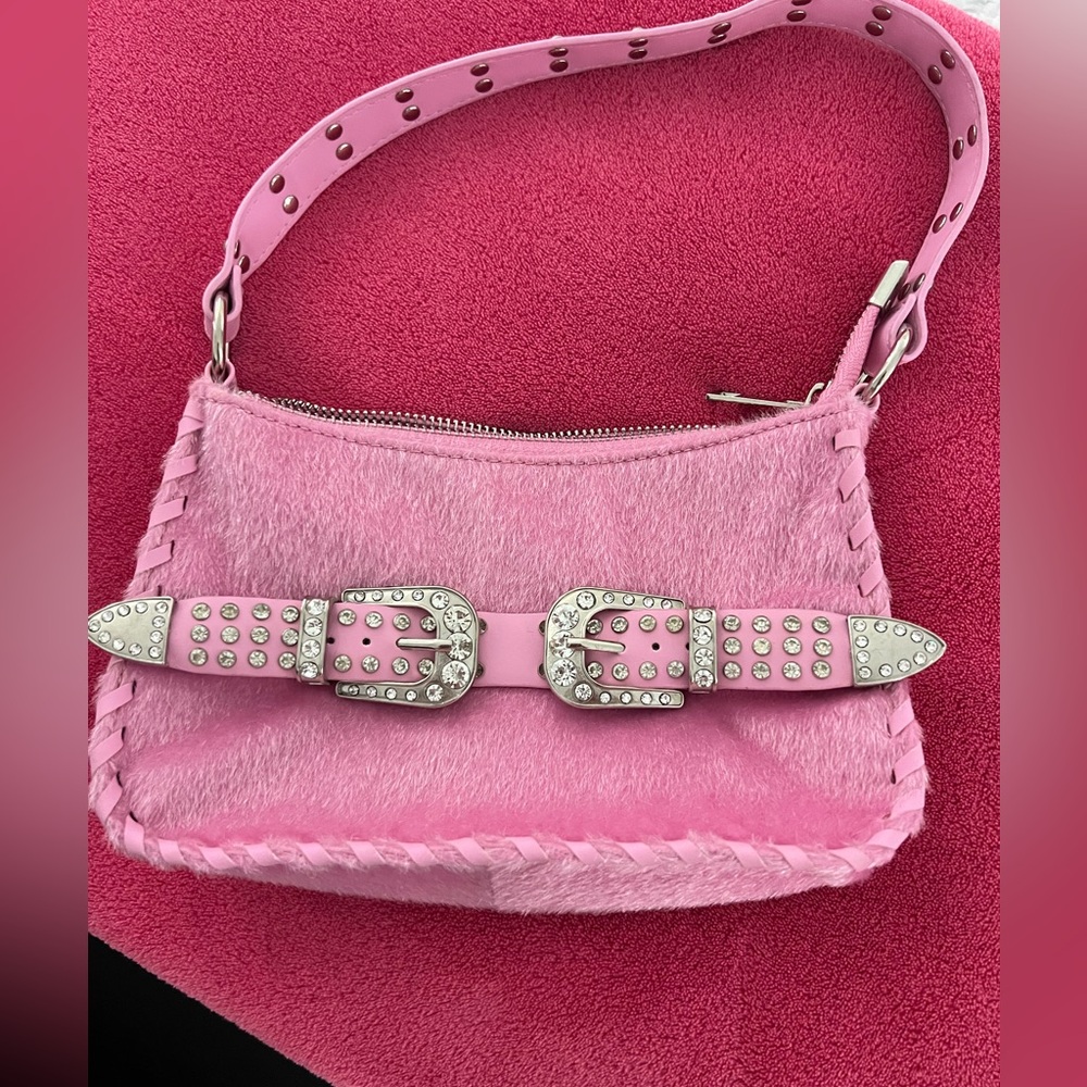 Dolls Kill pink purse rhinestone buckle